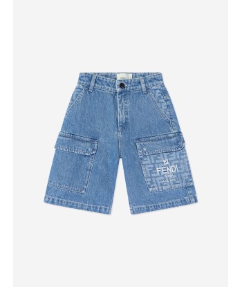 Fendi Boys Washed Denim Bermuda Shorts in Blue En savoir plus