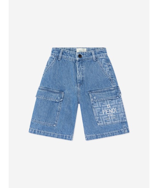 Fendi Boys Washed Denim Bermuda Shorts in Blue En savoir plus