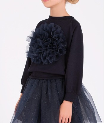 Mama Luma Girls Organza Flower Sweatshirt in Navy à prix réduit toute l'année