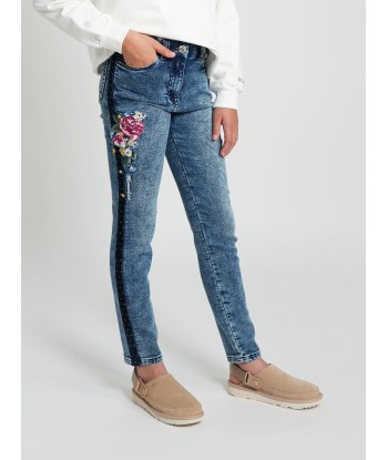 Monnalisa Girls Embroidered Denim Stretch Jeans in Blue destockage