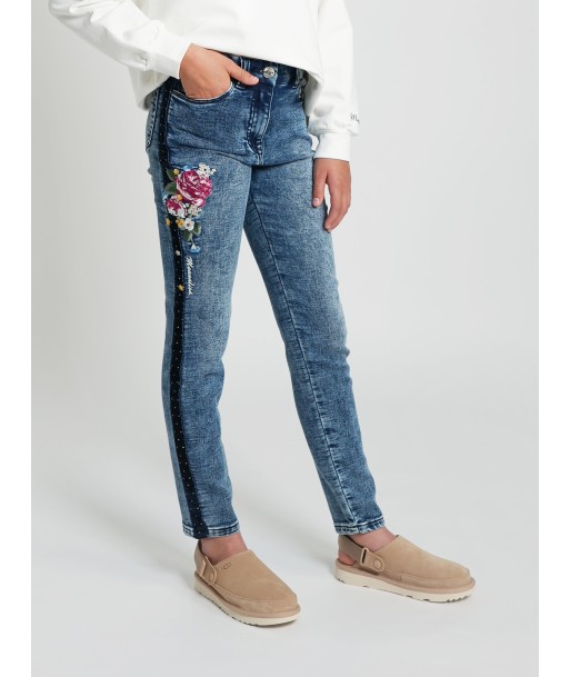 Monnalisa Girls Embroidered Denim Stretch Jeans in Blue destockage