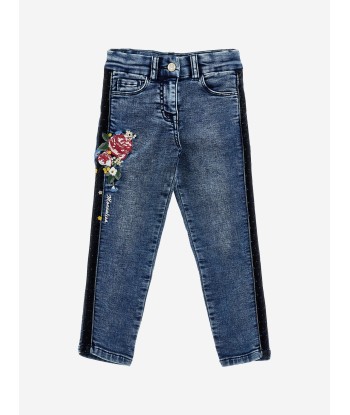 Monnalisa Girls Embroidered Denim Stretch Jeans in Blue destockage