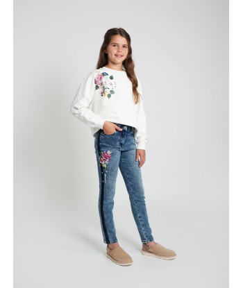 Monnalisa Girls Embroidered Denim Stretch Jeans in Blue destockage